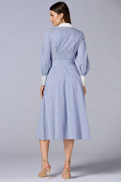 Versona cache contrast trim striped midi shirt dress BLUE_MULTI