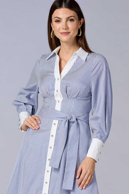 Versona cache contrast trim striped midi shirt dress BLUE_MULTI