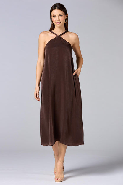 Versona cache satin halter midi dress COFFEE_BEAN