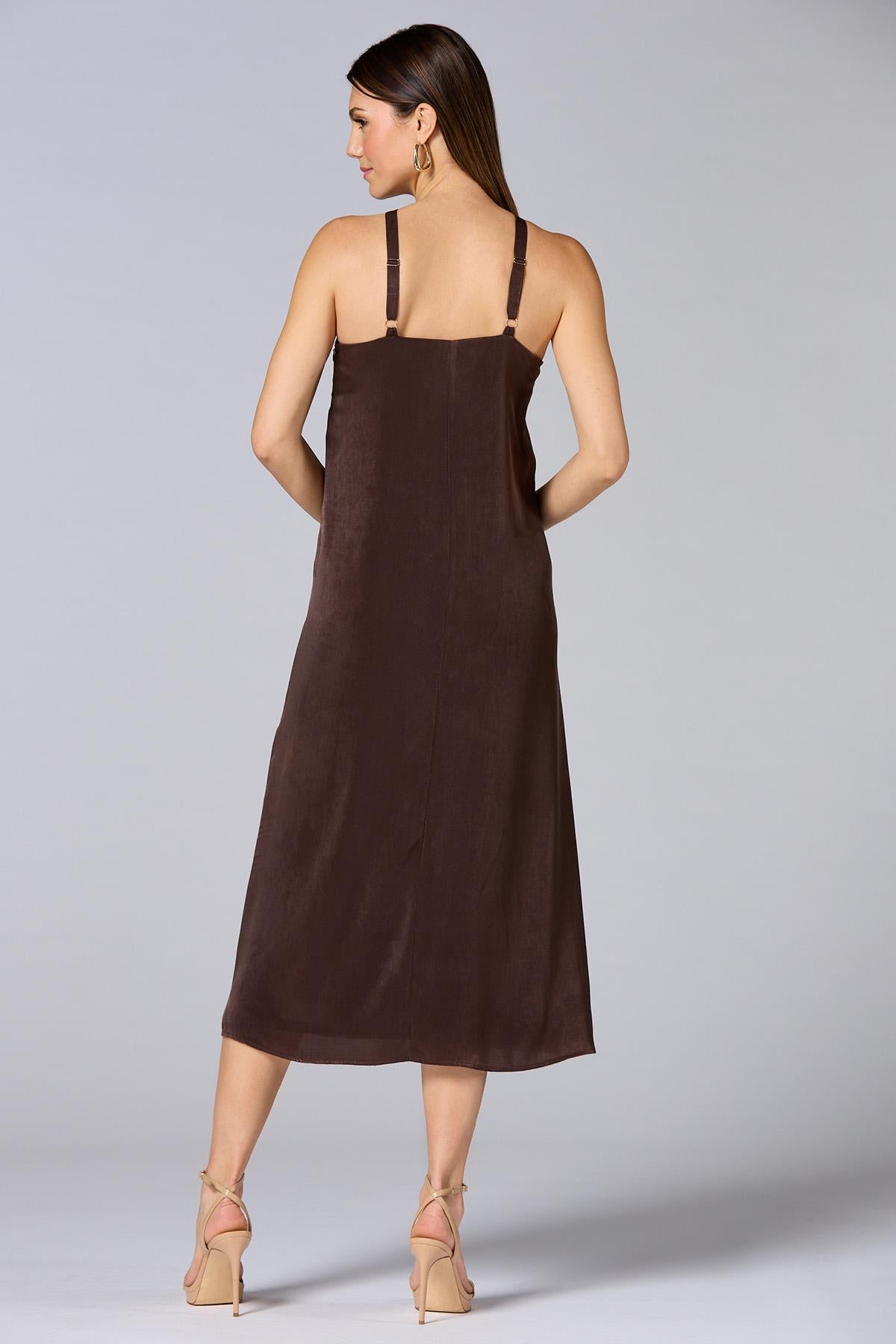 Versona cache satin halter midi dress COFFEE_BEAN