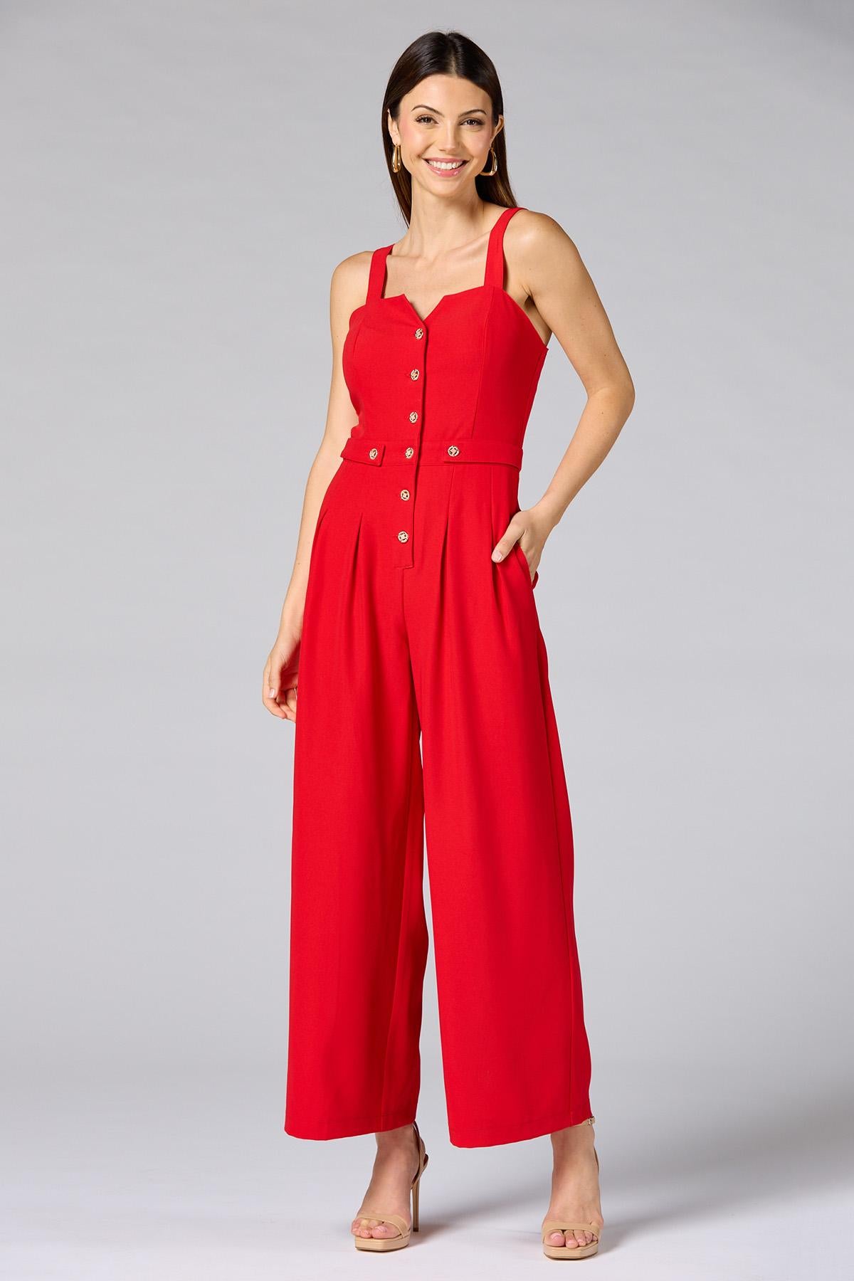 Versona cache red button front jumpsuit RED