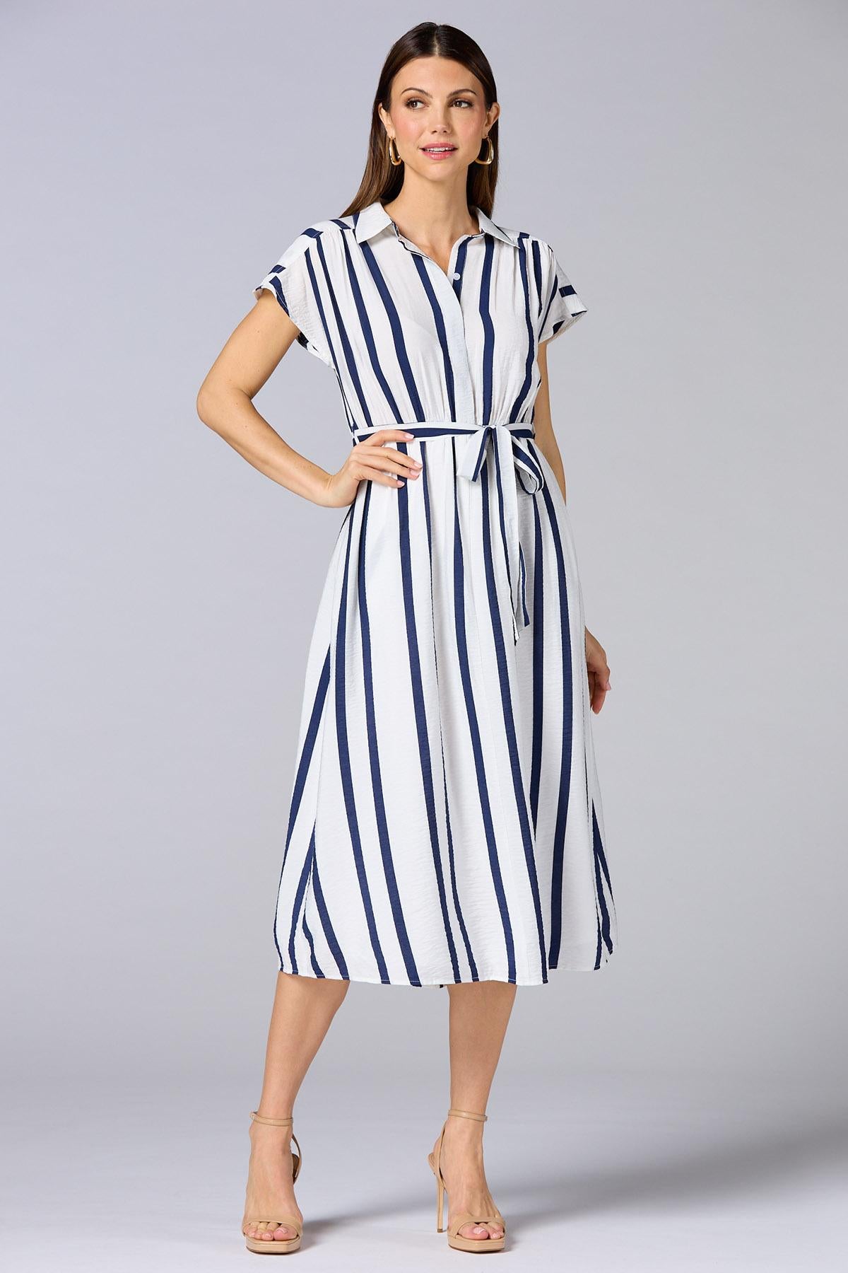 Versona cache striped cap sleeve midi dress BLUE_MULTI