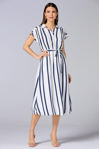 Versona cache striped cap sleeve midi dress BLUE_MULTI
