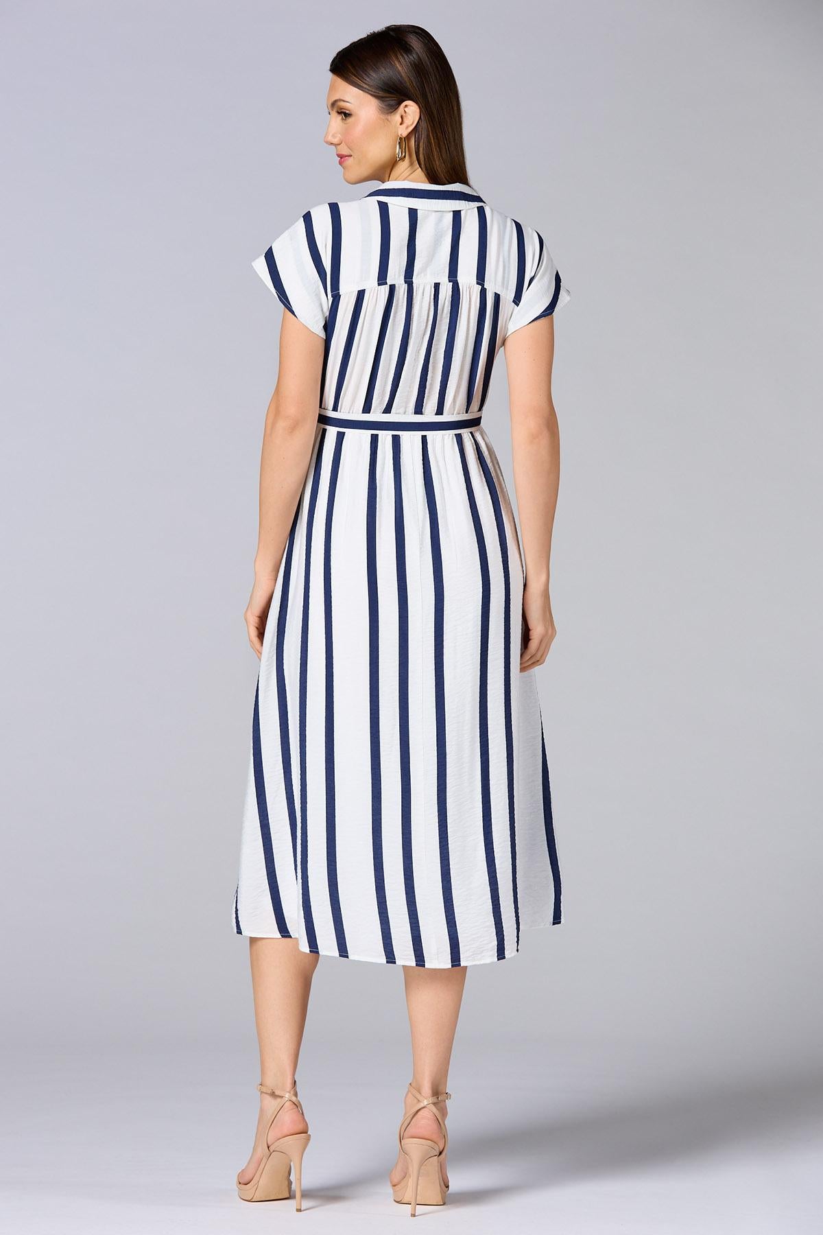 Versona cache striped cap sleeve midi dress BLUE_MULTI