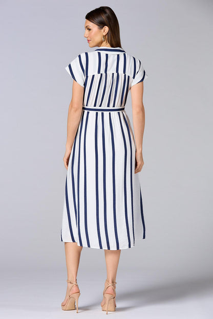 Versona cache striped cap sleeve midi dress BLUE_MULTI