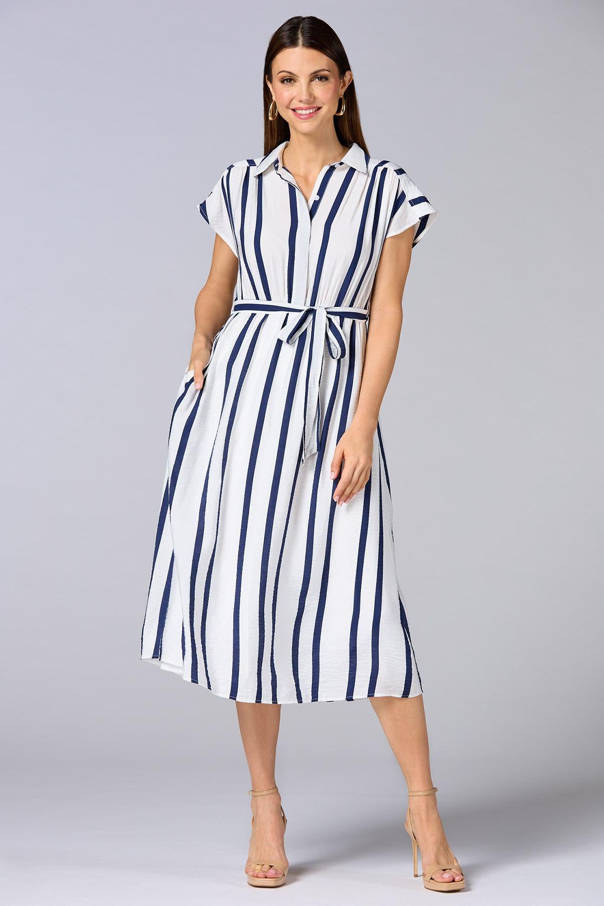 Versona cache striped cap sleeve midi dress BLUE_MULTI