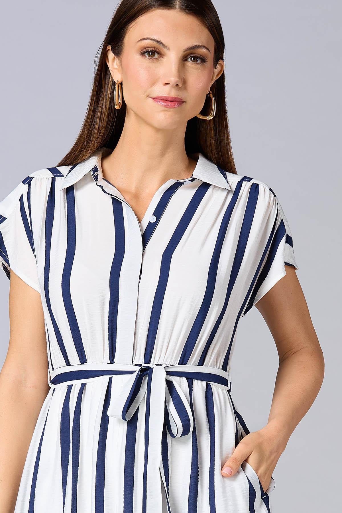 Versona cache striped cap sleeve midi dress BLUE_MULTI