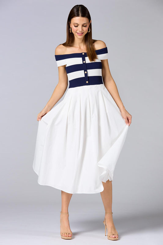 Versona cache off shoulder mix fabric maxi dress BLUE_MULTI
