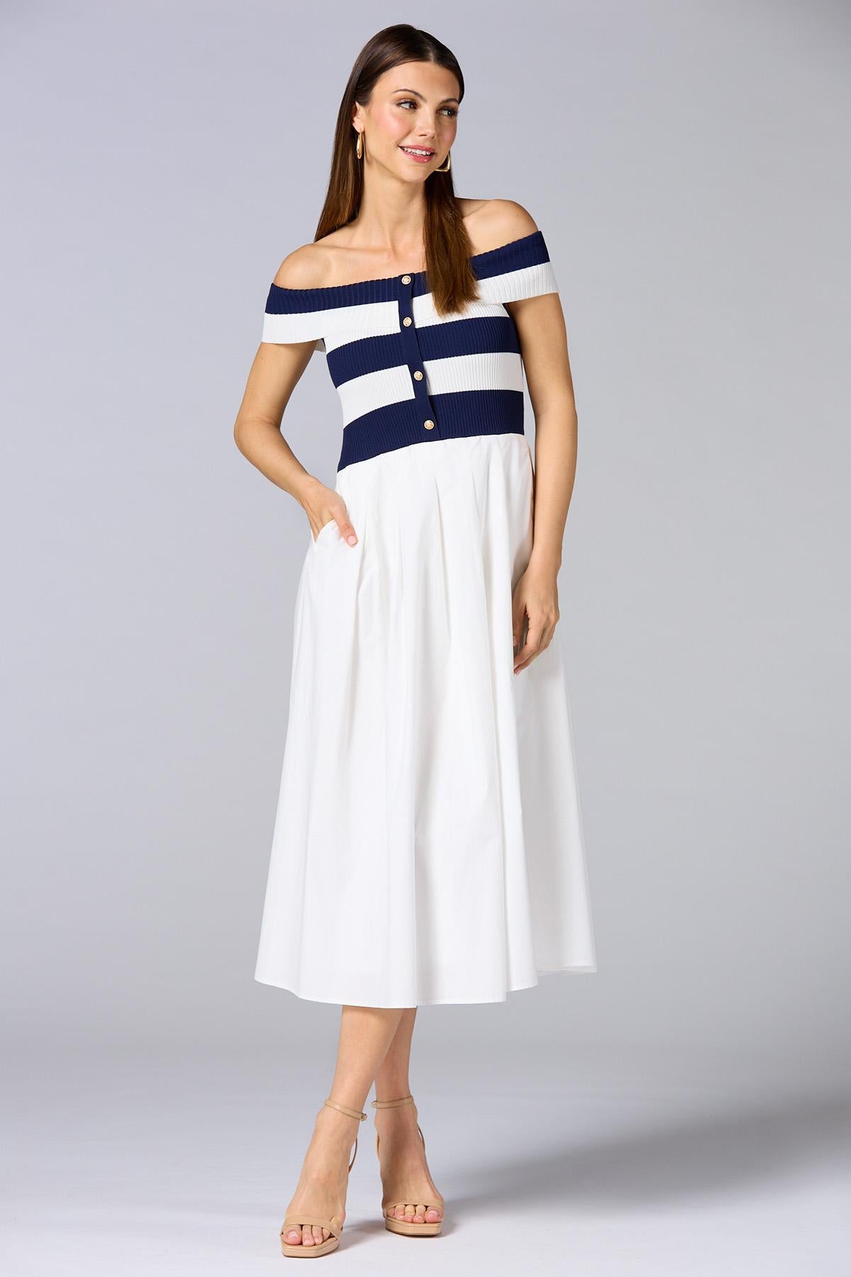 Versona cache off shoulder mix fabric maxi dress BLUE_MULTI