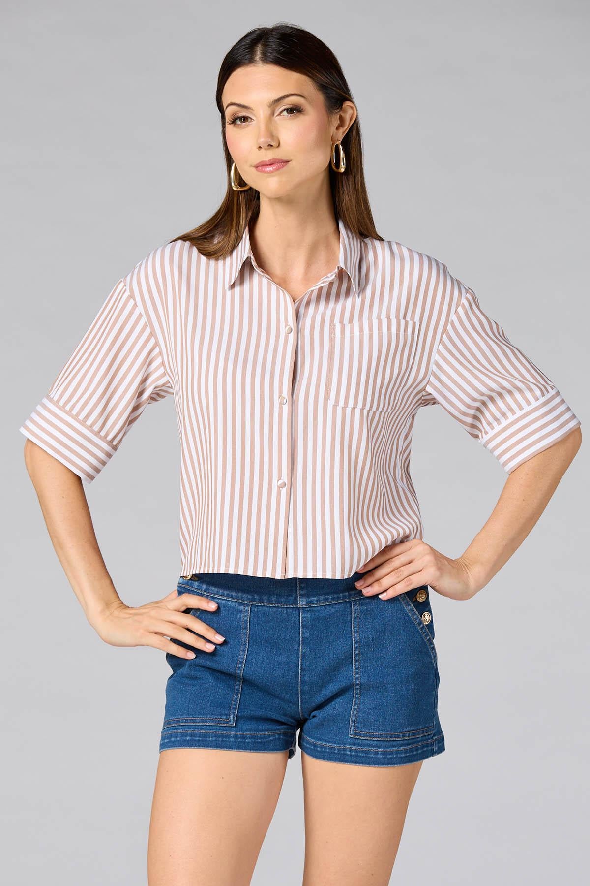 Versona cache french cuff striped shirt- brown WHITE_MULTI