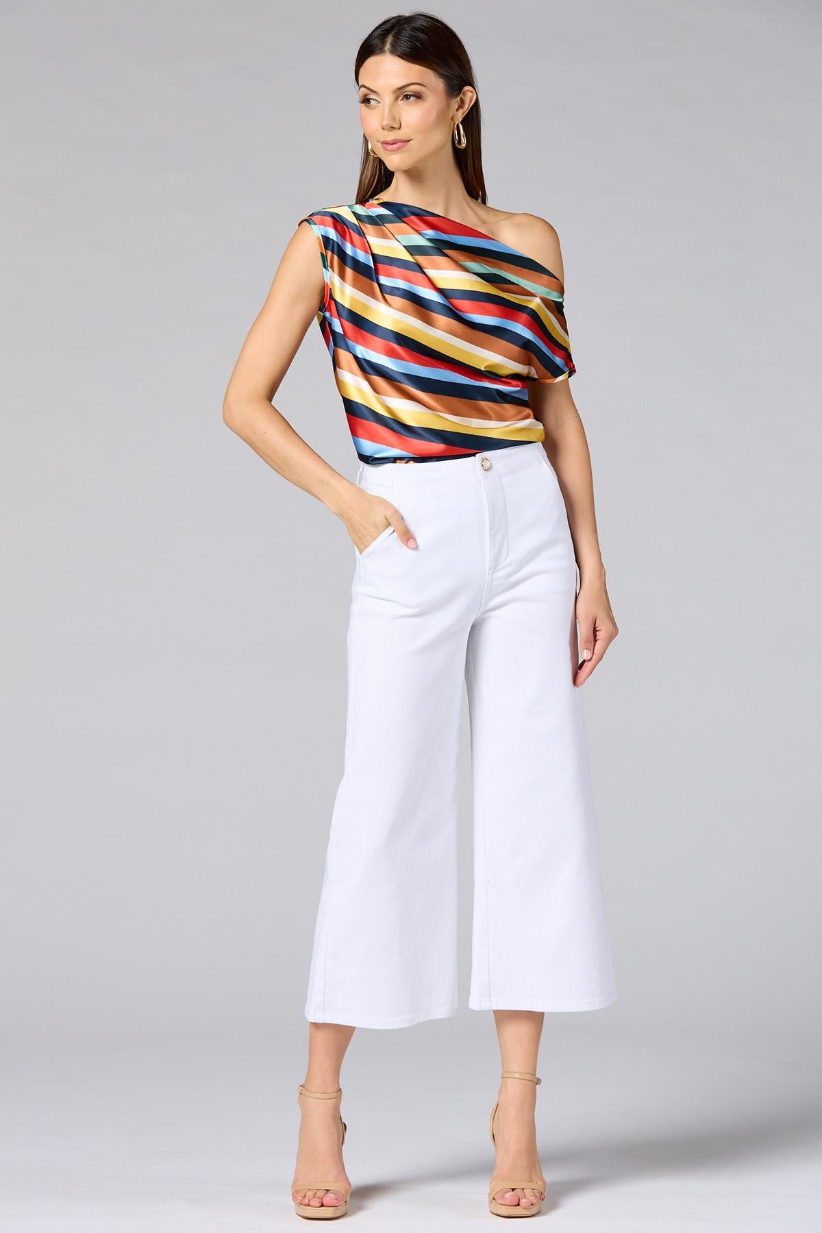 Versona cache off the shoulder multicolor stripe top MULTI