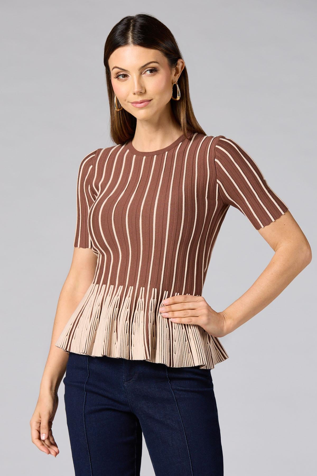 Versona cache striped peplum top- brown BROWNBEIGE_MULTI