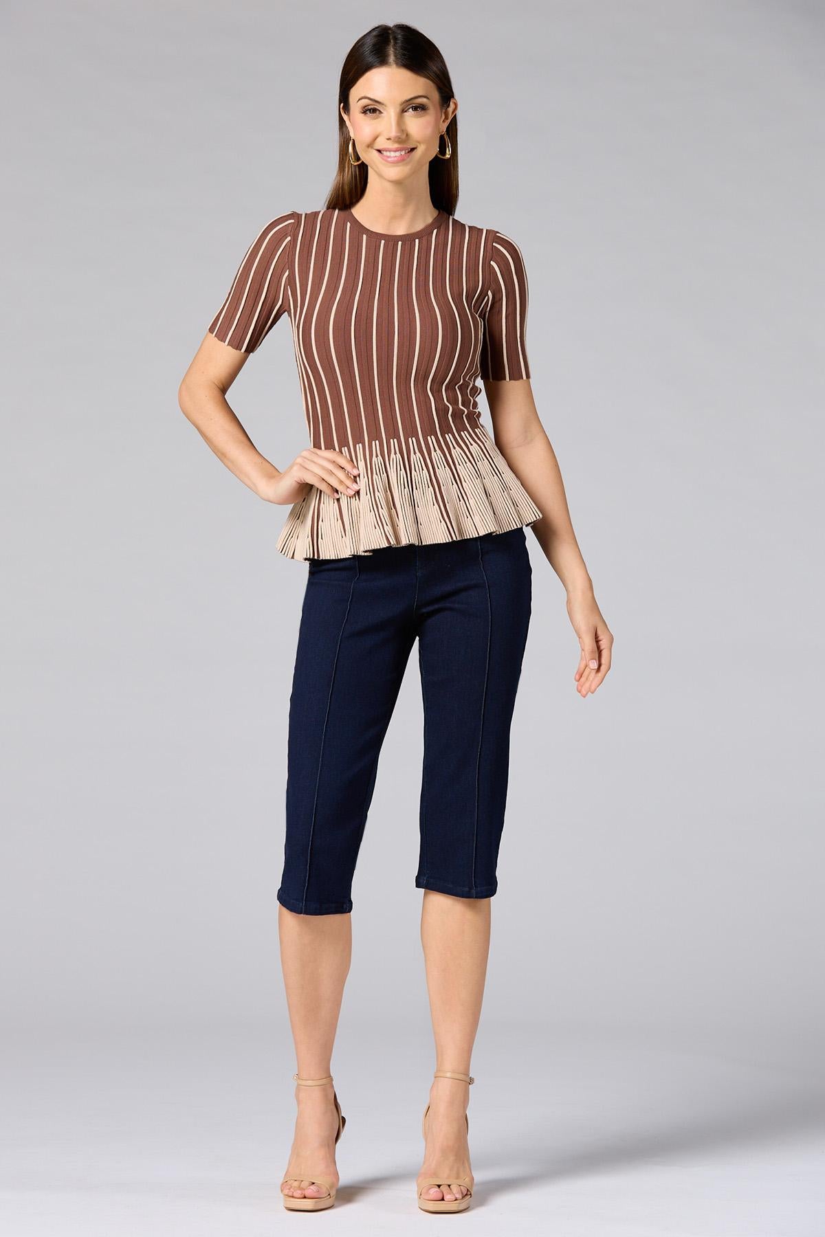 Versona cache striped peplum top- brown BROWNBEIGE_MULTI