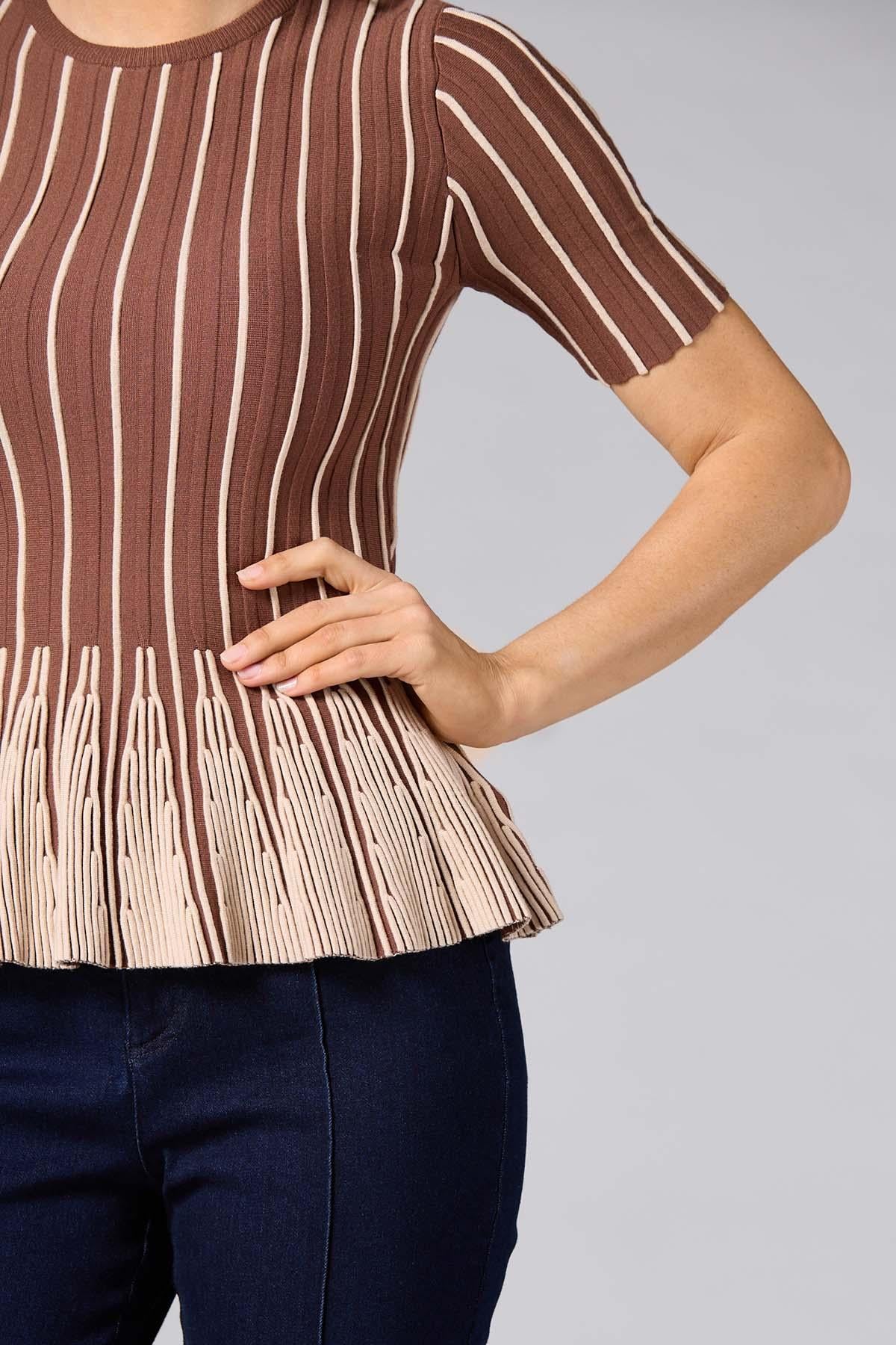 Versona cache striped peplum top- brown BROWNBEIGE_MULTI