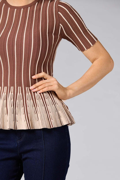 Versona cache striped peplum top- brown BROWNBEIGE_MULTI