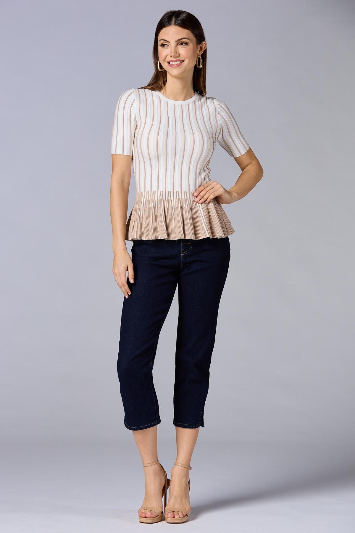 Versona cache striped peplum top- white BROWNBEIGE_MULTI