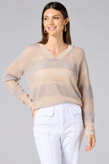 Versona cache open knit striped pullover BEIGE