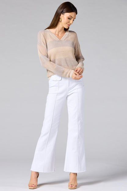 Versona cache open knit striped pullover BEIGE