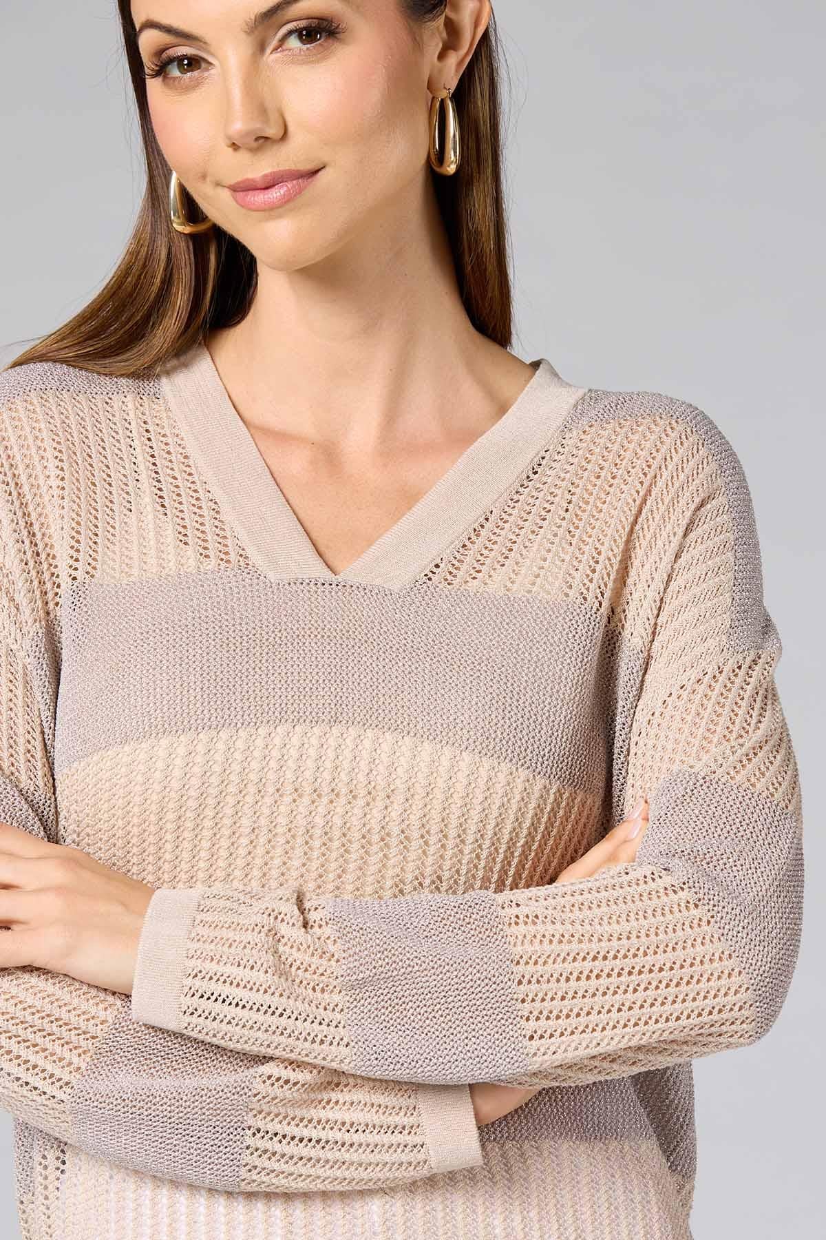 Versona cache open knit striped pullover BEIGE