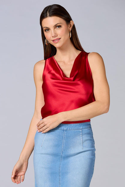 Versona cache red satin cowl neck tank FIERY_RED
