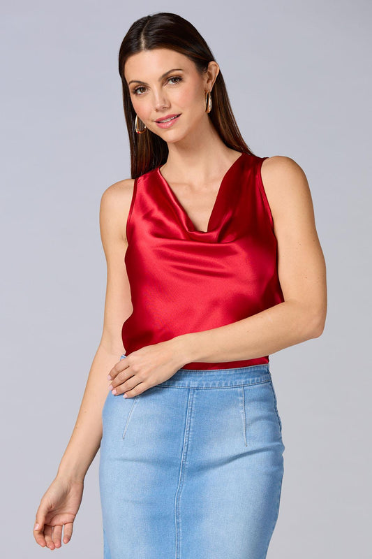 Versona cache red satin cowl neck tank FIERY_RED