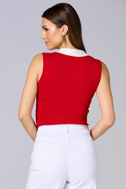Versona cache contrast button sweater tank RED