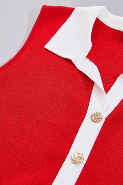 Versona cache contrast button sweater tank RED