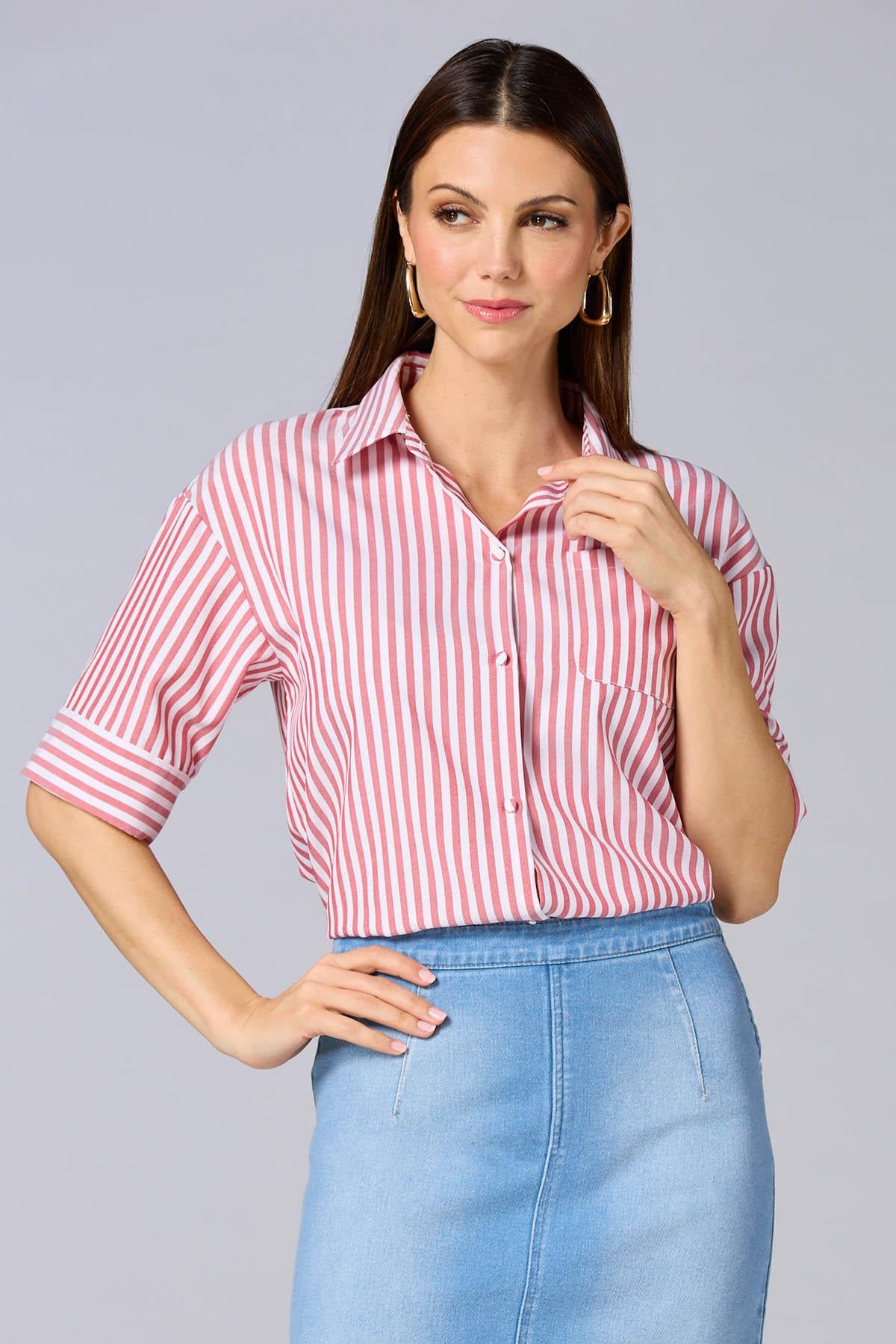Versona cache french cuff striped shirt- red RED_MULTI