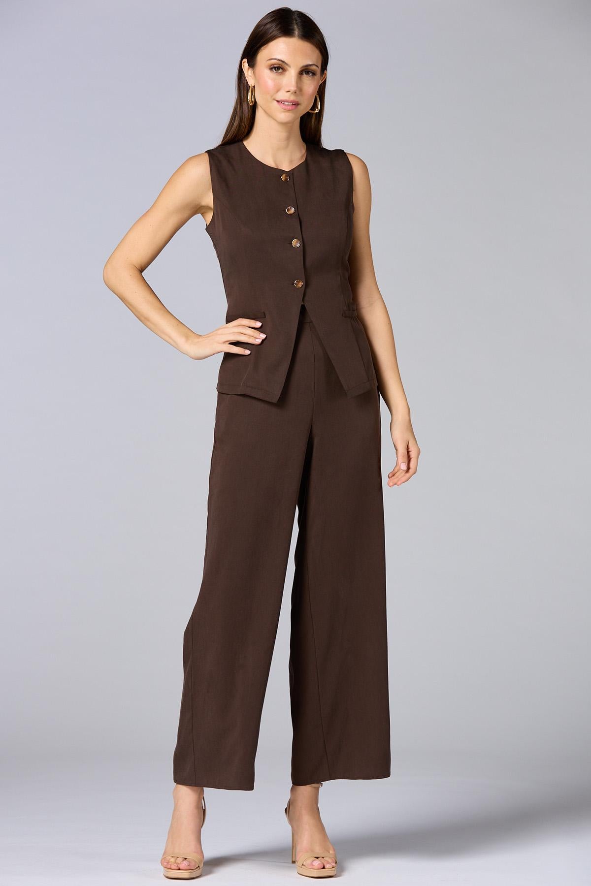 Versona cache solid button front vest BROWN