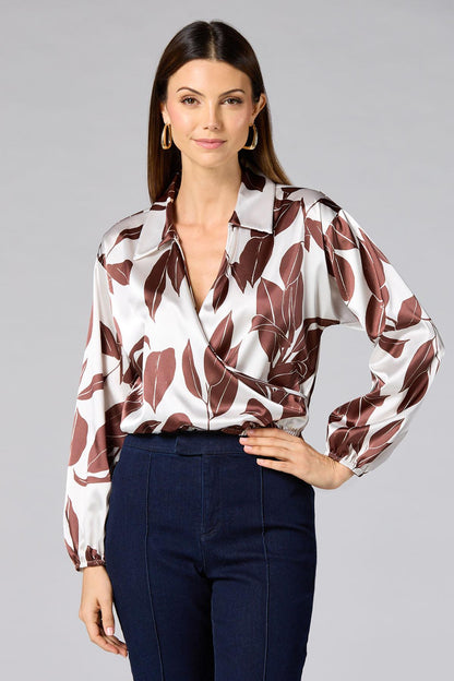 Versona cache brown floral satin wrap top BROWNBEIGE_MULTI