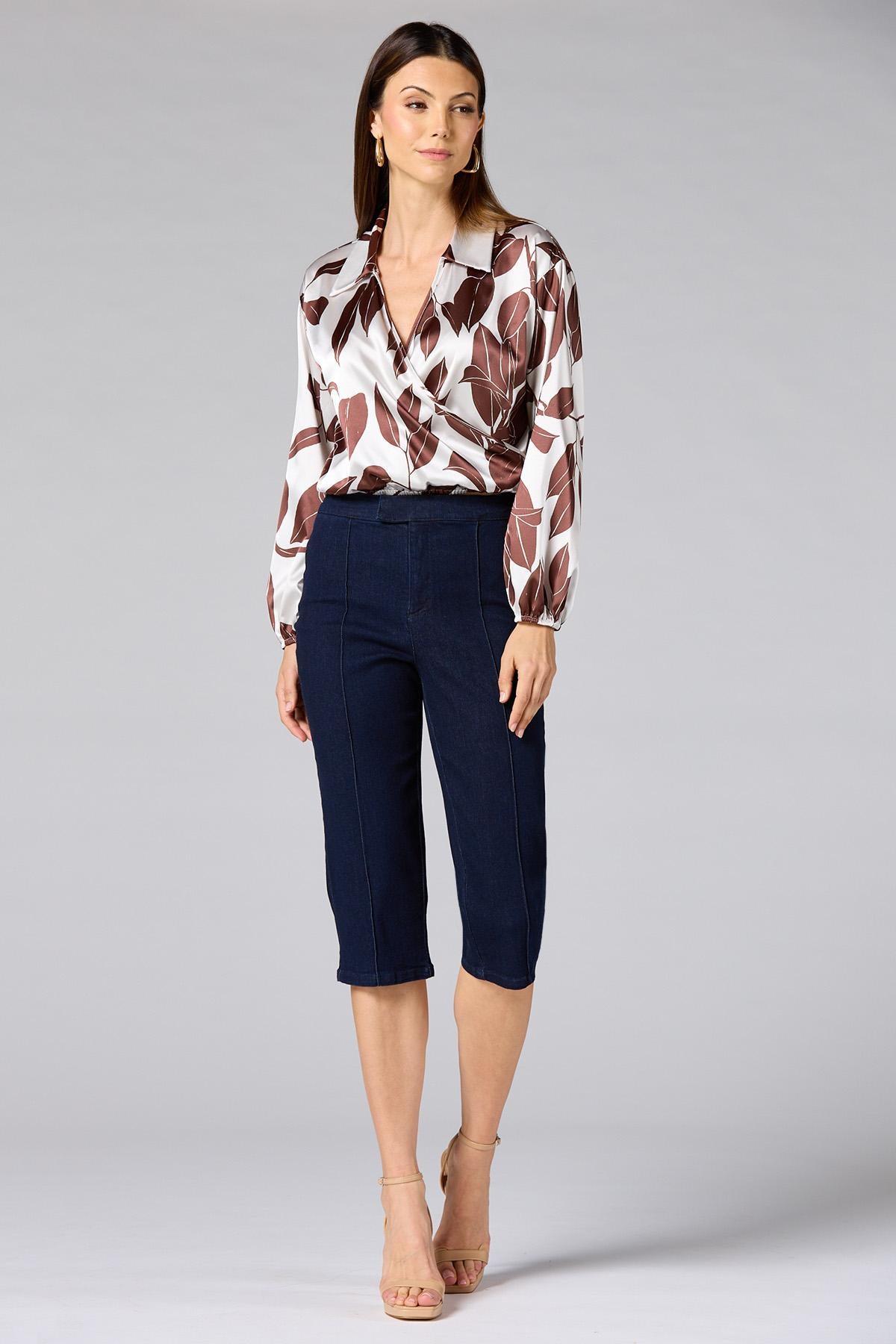 Versona cache brown floral satin wrap top BROWNBEIGE_MULTI