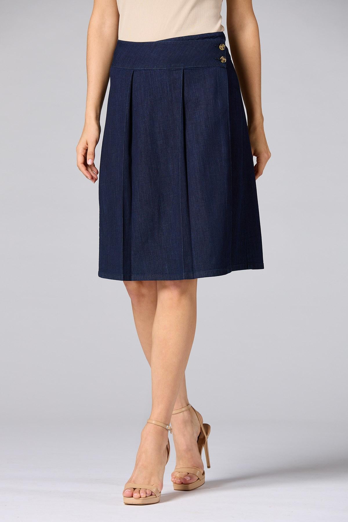 Versona cache pleated mid rise skirt DARK_WASH_DENIM