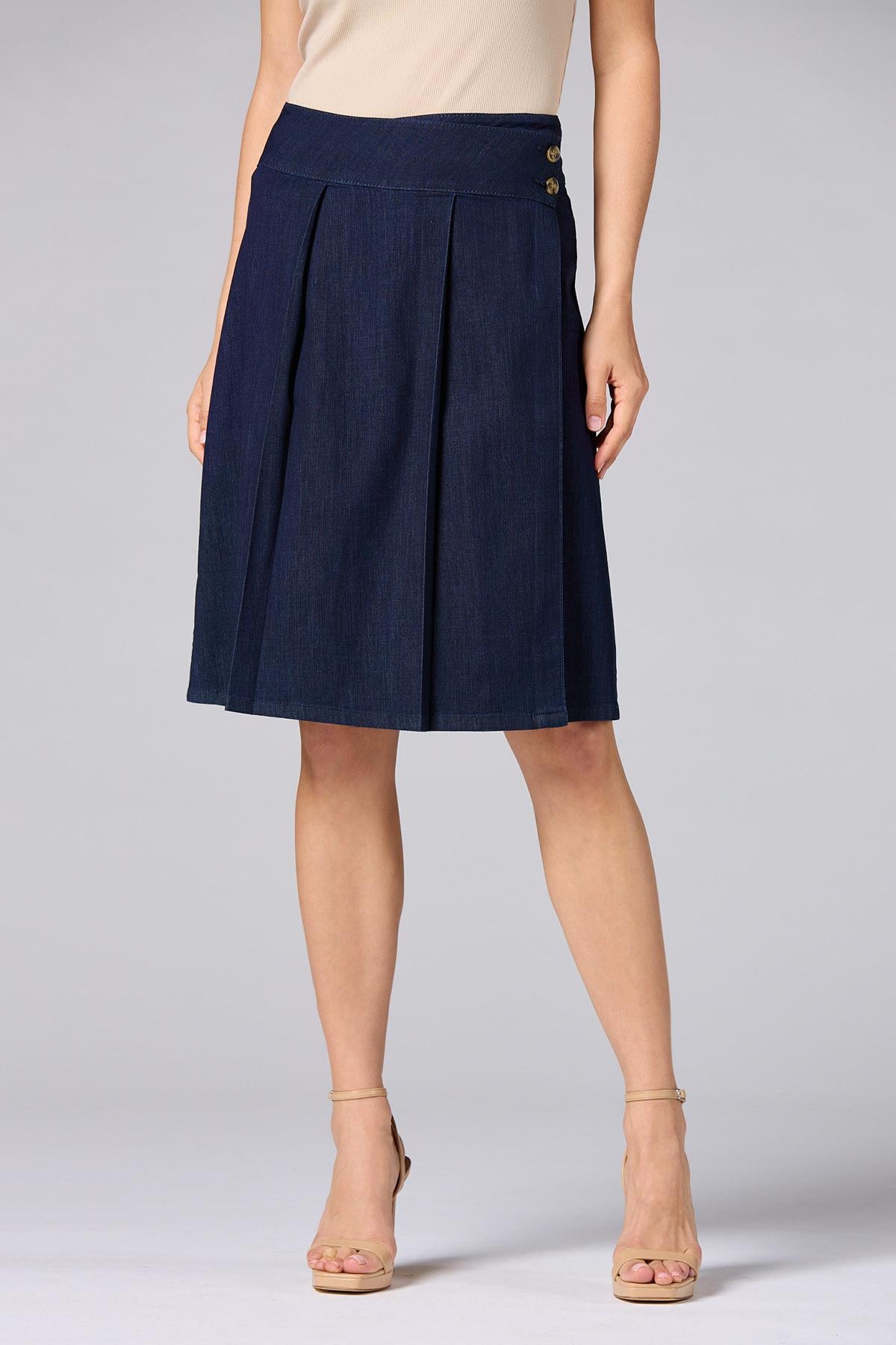 Versona cache pleated mid rise skirt DARK_WASH_DENIM