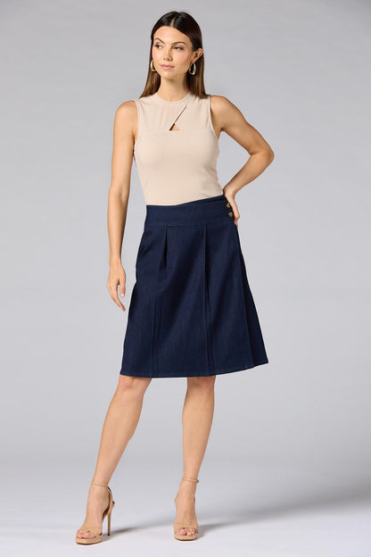 Versona cache pleated mid rise skirt DARK_WASH_DENIM