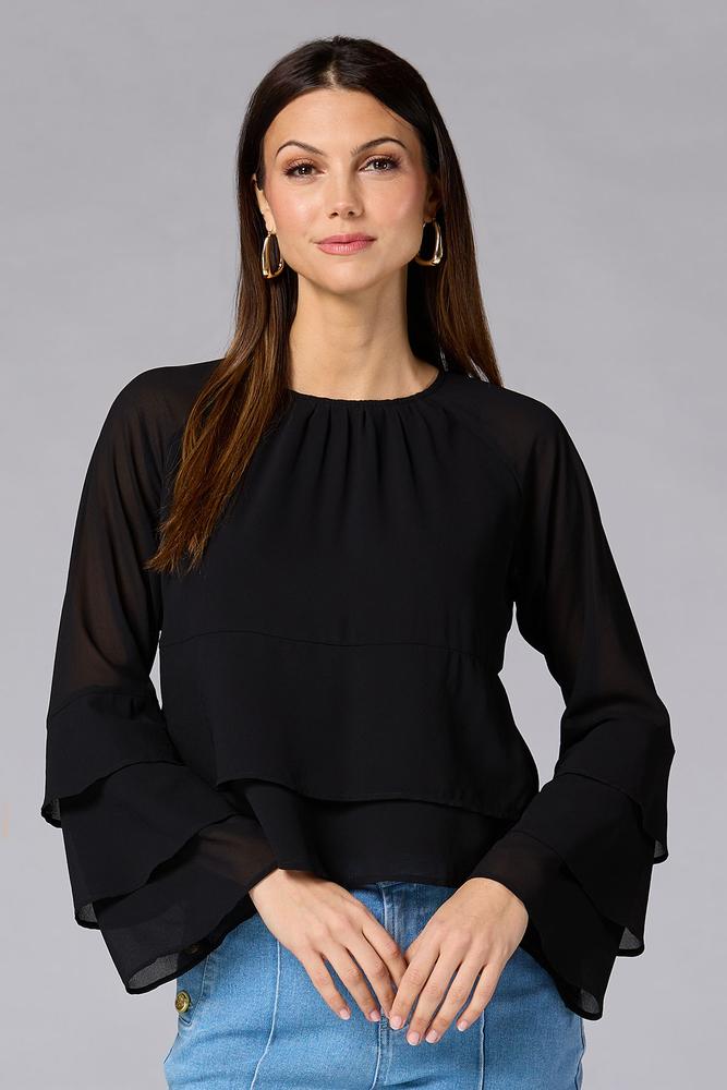 Versona cache tiered bell sleeve top IDEAL_BLACK