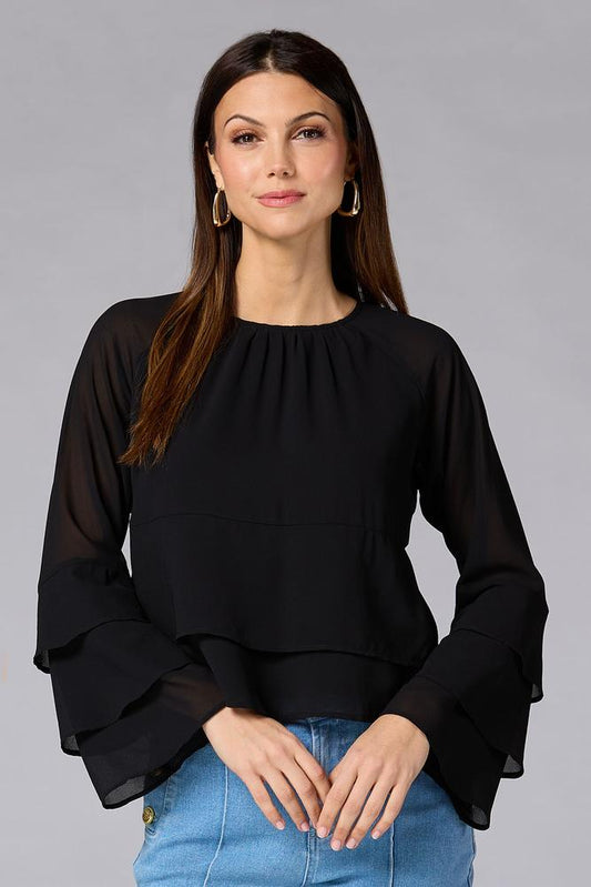 Versona cache tiered bell sleeve top IDEAL_BLACK