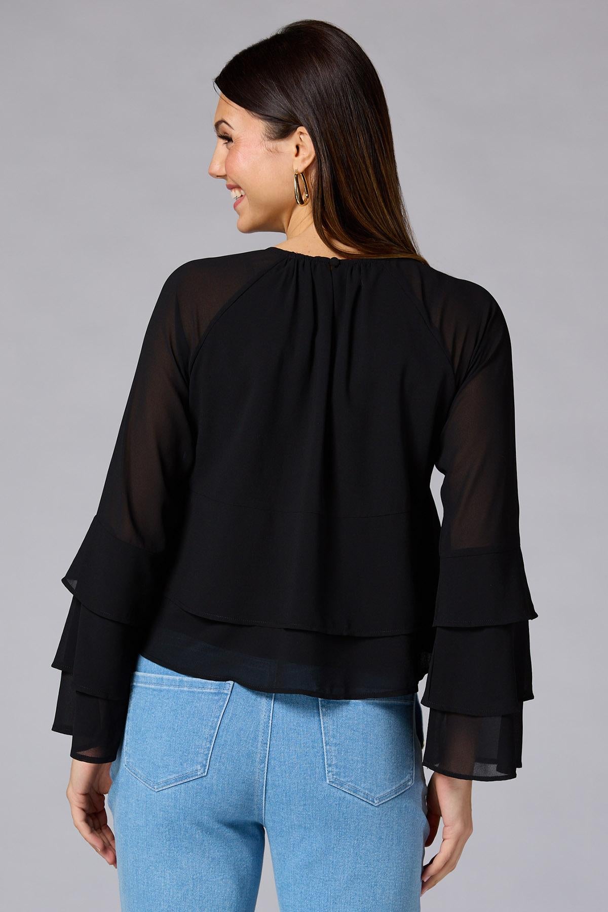 Versona cache tiered bell sleeve top IDEAL_BLACK