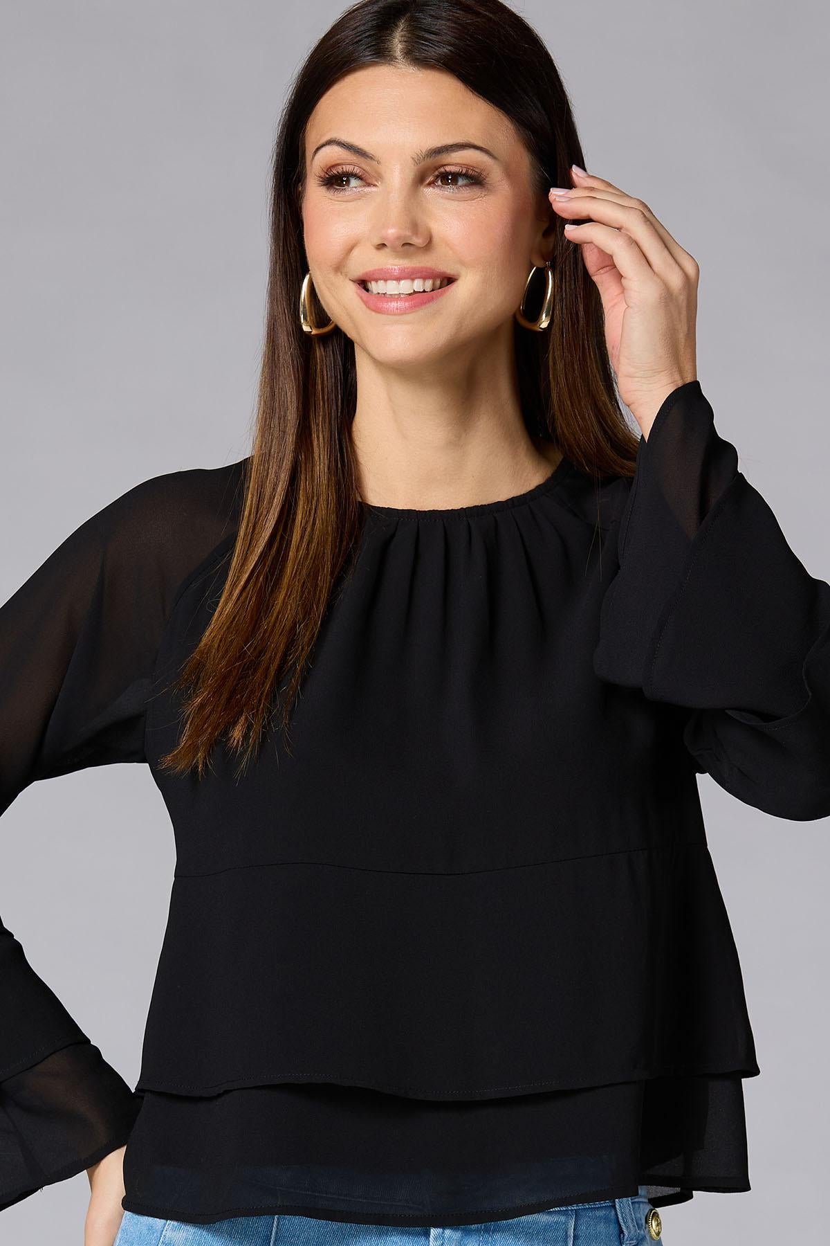 Versona cache tiered bell sleeve top IDEAL_BLACK
