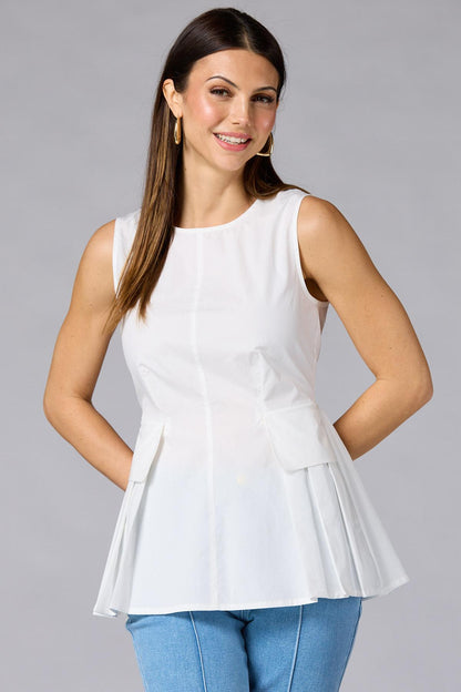 Versona cache poplin pleated peplum tank BRIGHT_WHITE