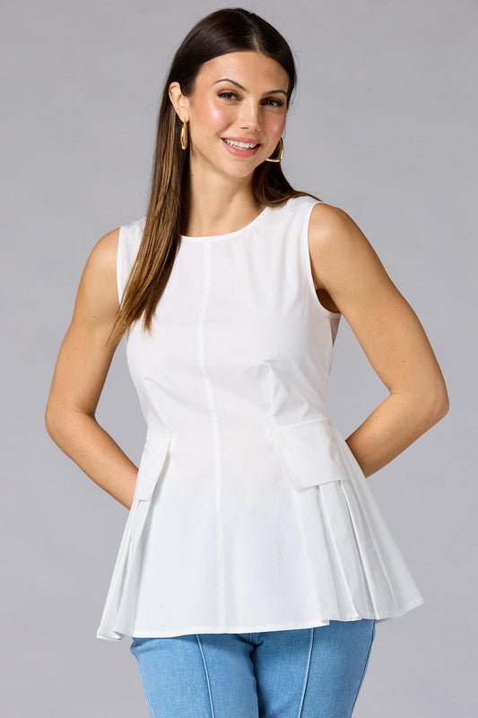 Versona cache poplin pleated peplum tank BRIGHT_WHITE