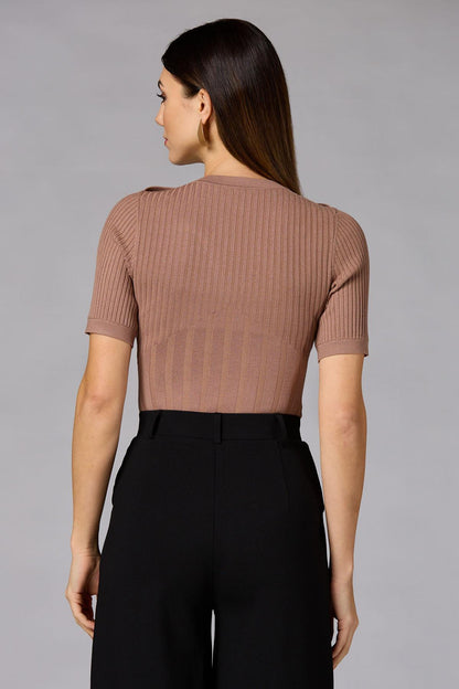 Versona cache ribbed button shoulder sweater BROWN