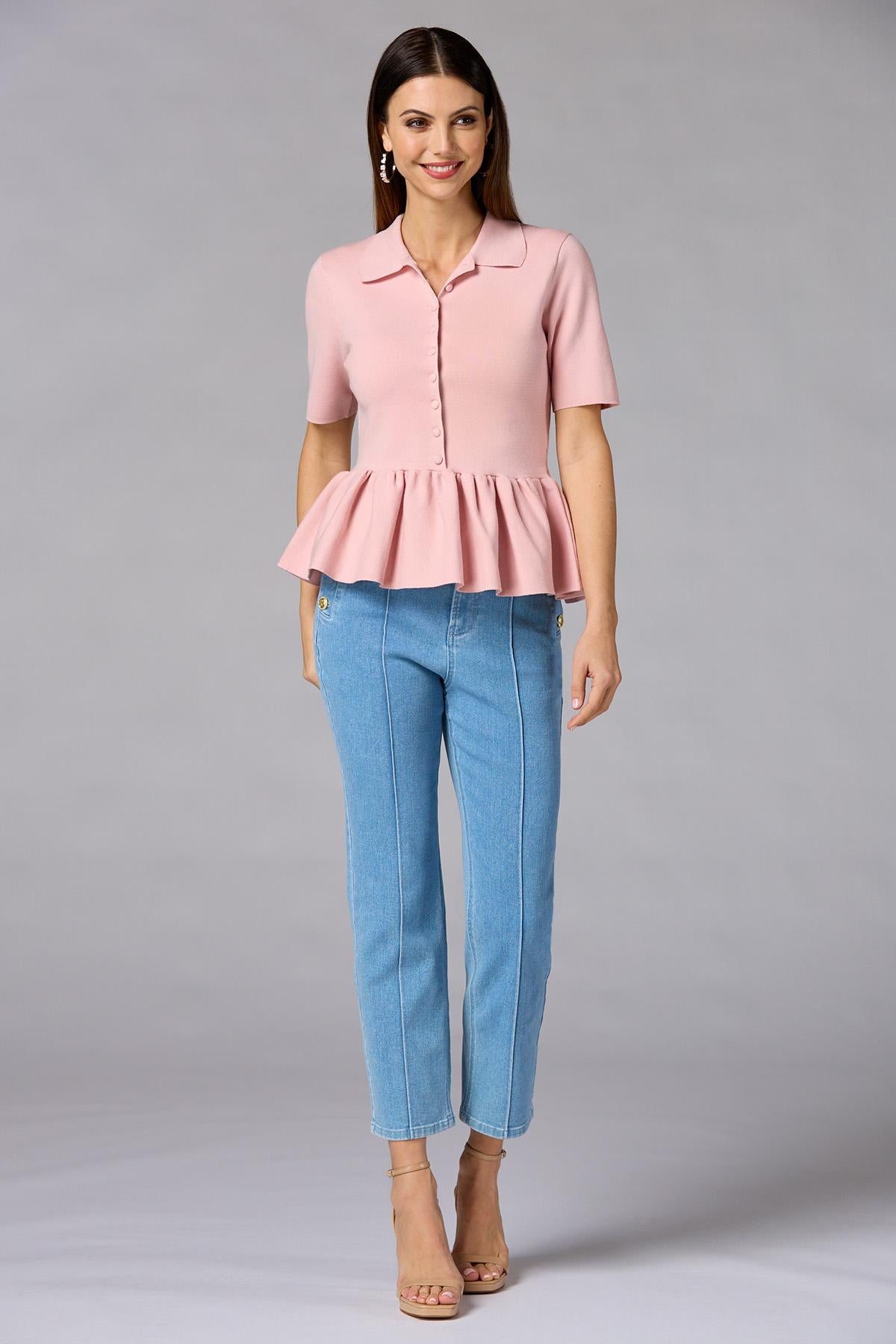 Versona cache button down peplum sweater PEACH_WHIP