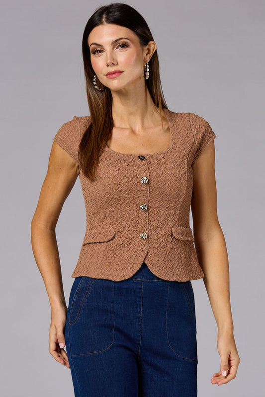 Versona cache textured button embellished top BROWN
