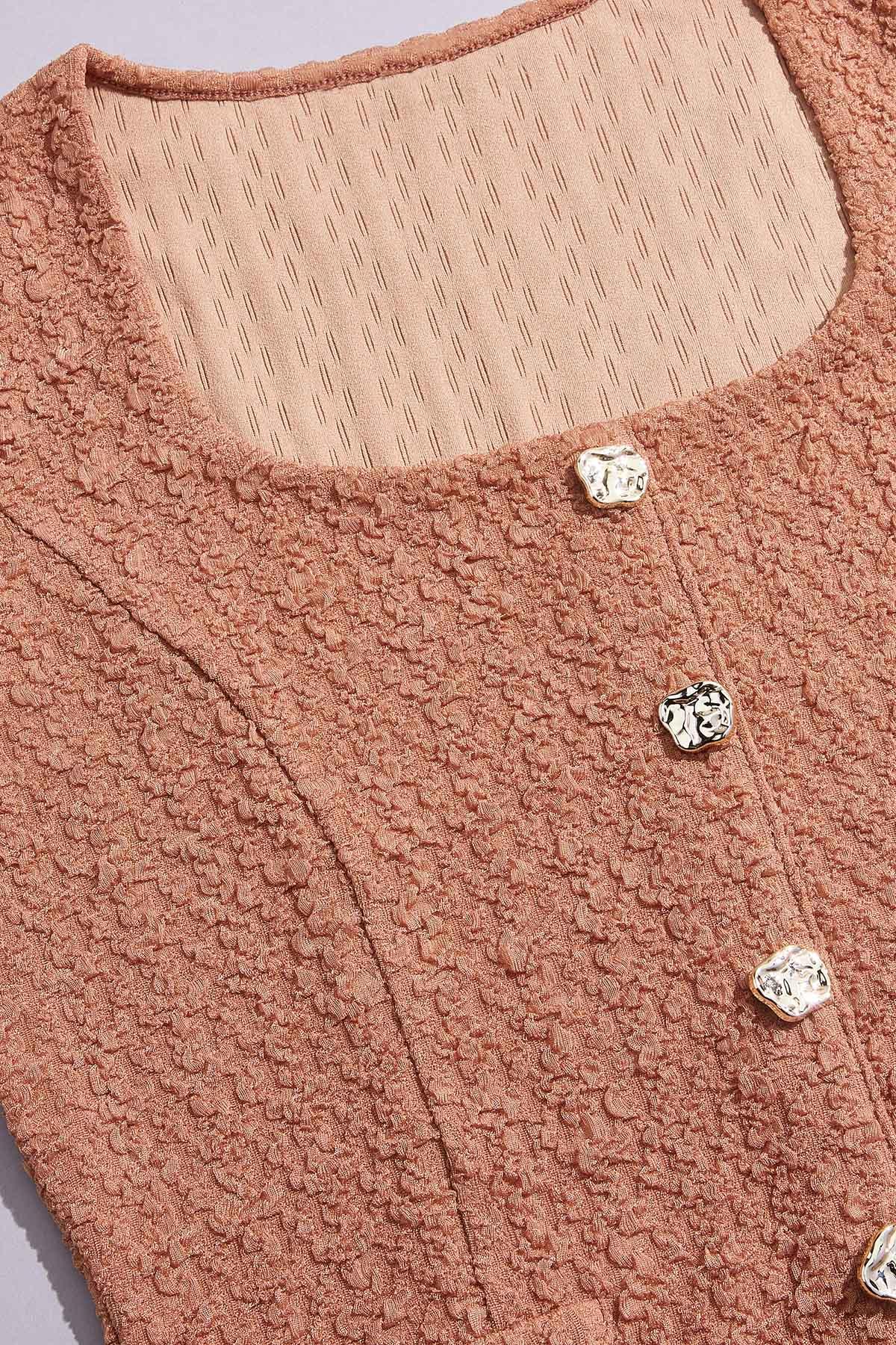 Versona cache textured button embellished top BROWN