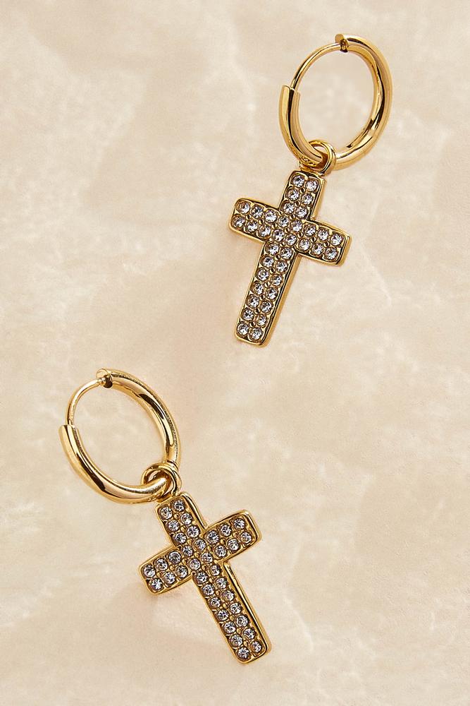 Versona waterproof embellished cross huggie hoop earrings GOLD