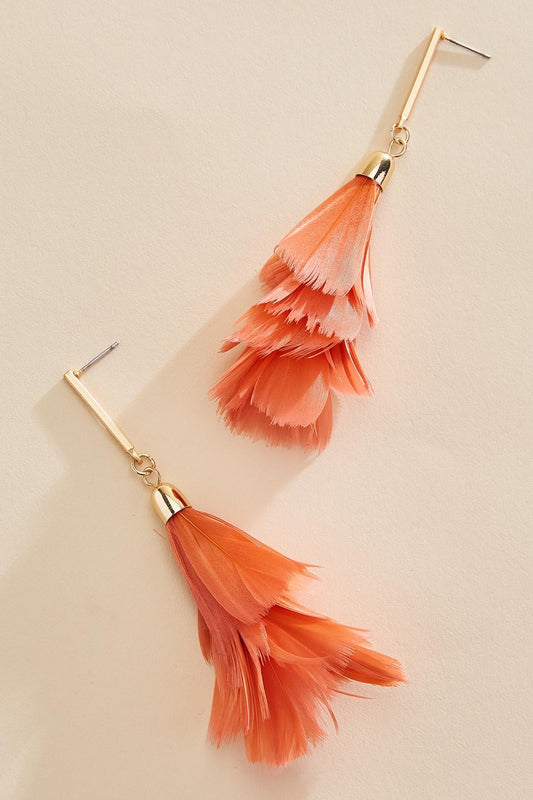 Versona tiered feather tassel earrings HOT_CORAL