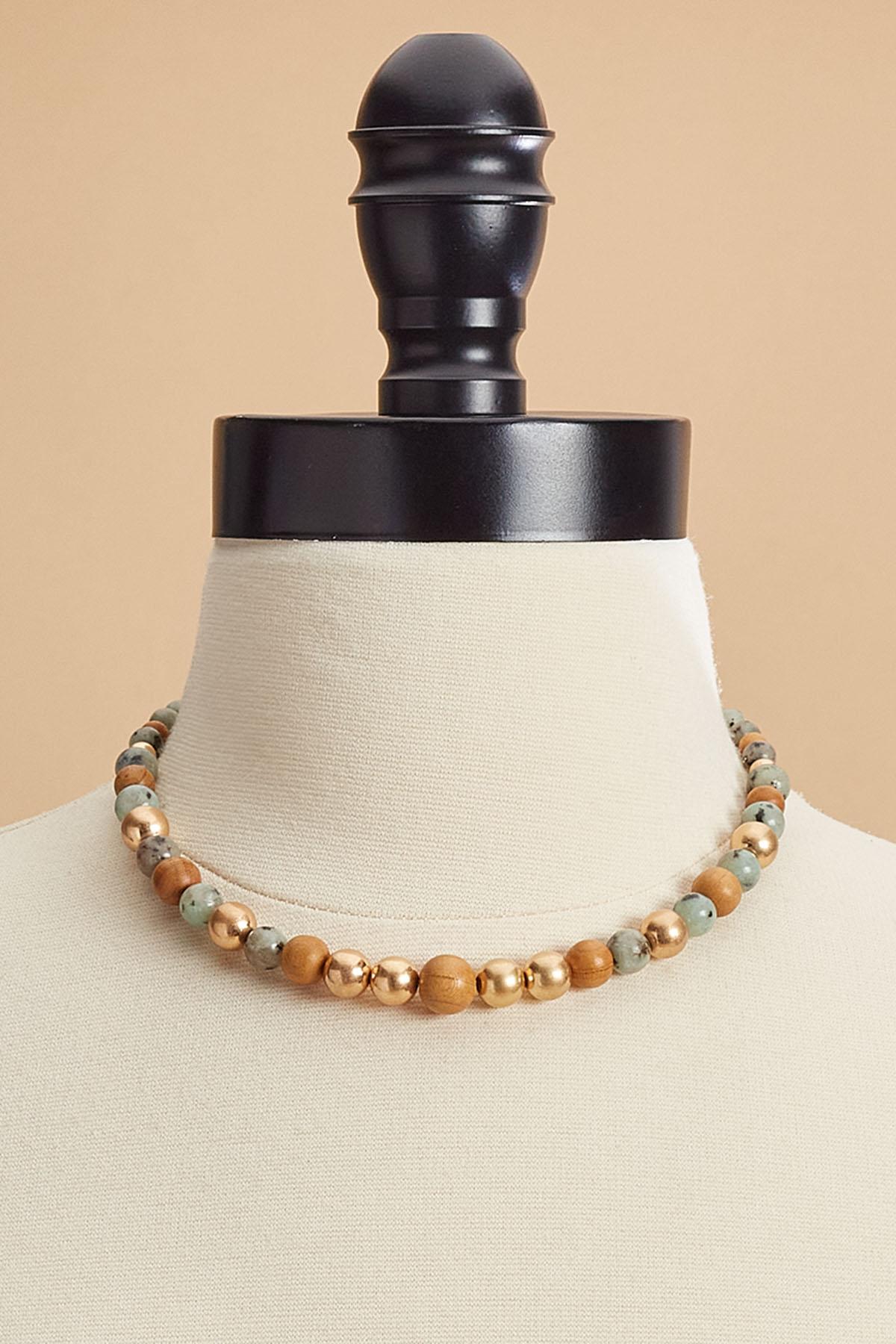 Versona wood gold ball beaded necklace RESEDA