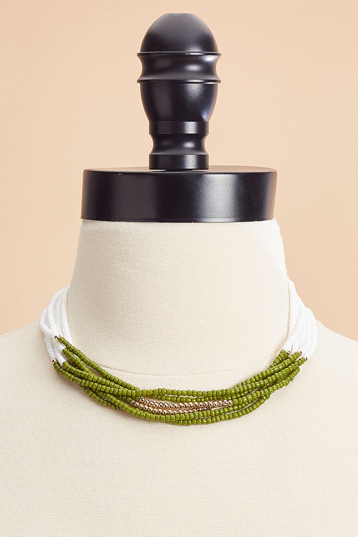 Versona white green seed bead layered necklace SEA_GRASS