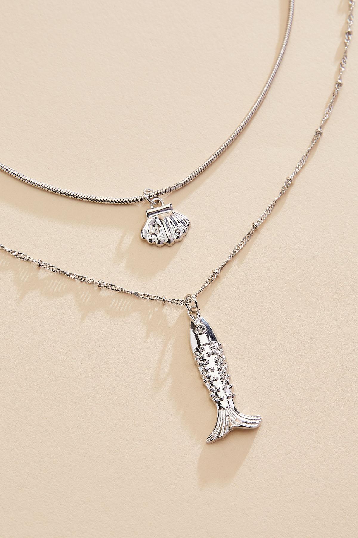 Versona silver fish seashell layered necklace SILVER
