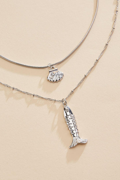 Versona silver fish seashell layered necklace SILVER